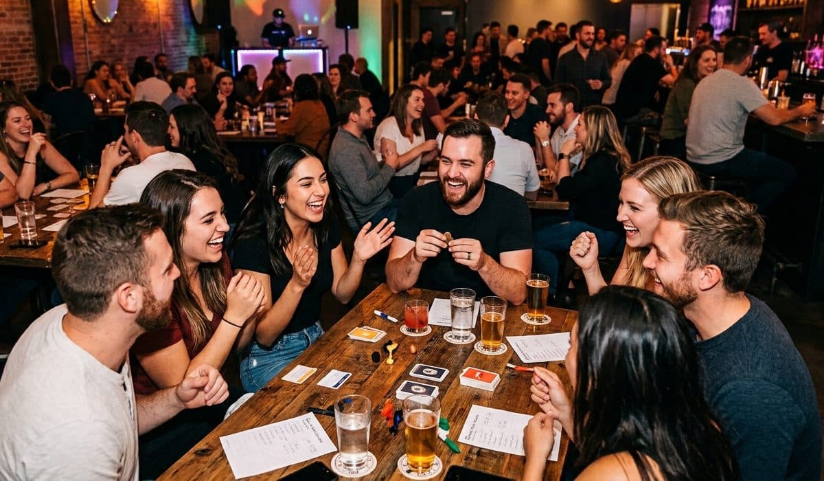 A group of friends laughing around a pub table covered in cards, score sheets and drinks.